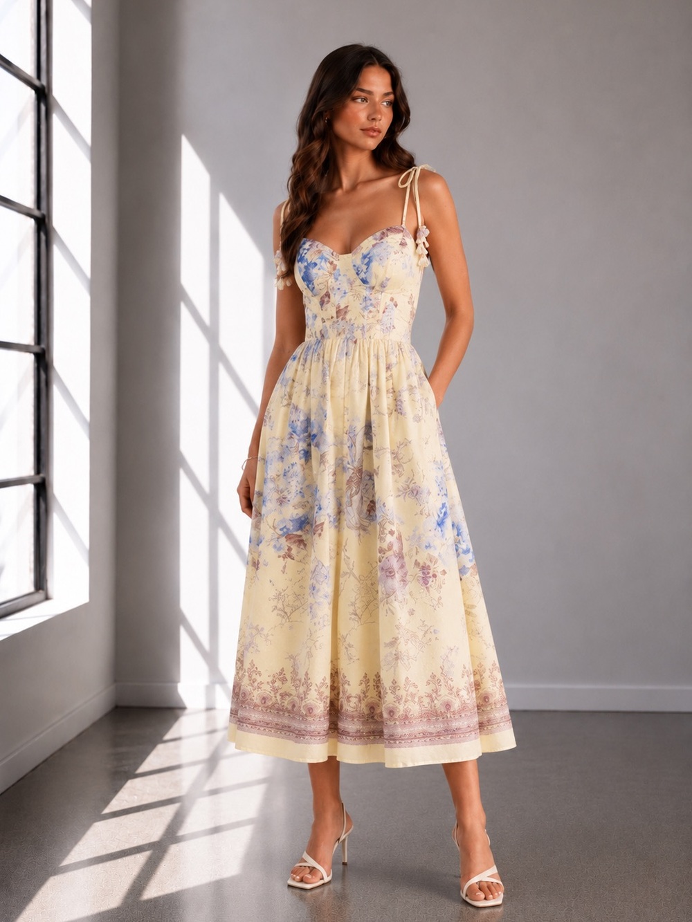 Yellow Floral Midi Dress with Tie Straps
